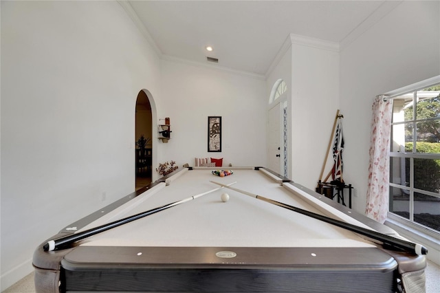 recreation room featuring pool table, crown molding, and vaulted ceiling