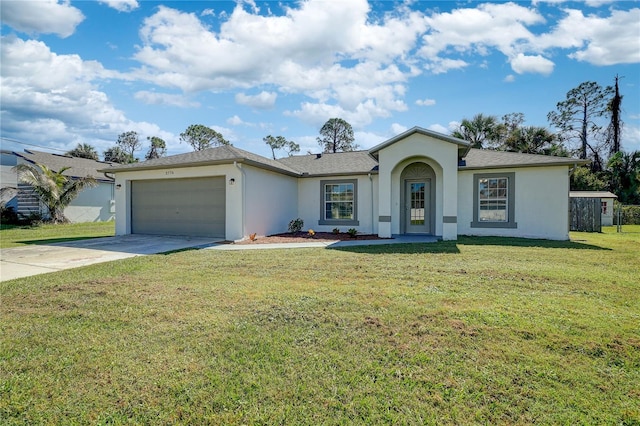 ranch-style house with a front yard and a garage