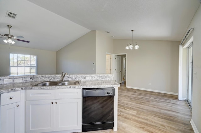 kitchen featuring white cabinetry, sink, black dishwasher, light hardwood / wood-style flooring, and lofted ceiling