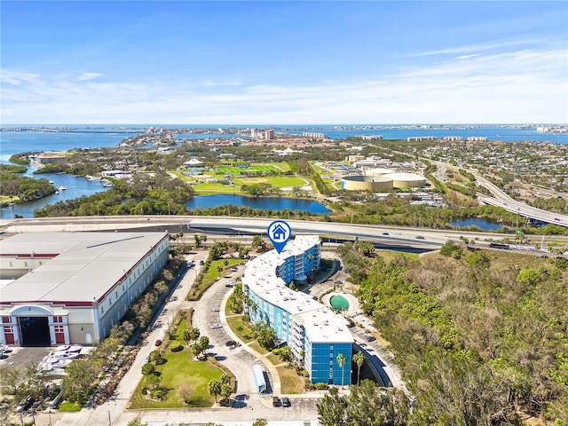 aerial view featuring a water view