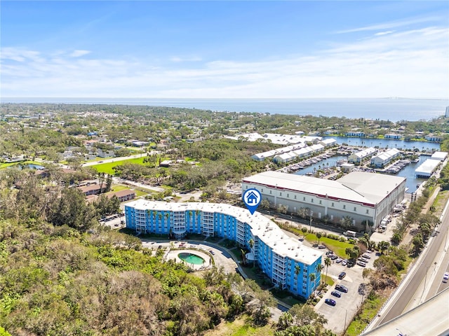 bird's eye view with a water view