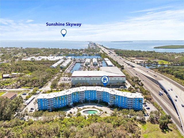 aerial view featuring a water view