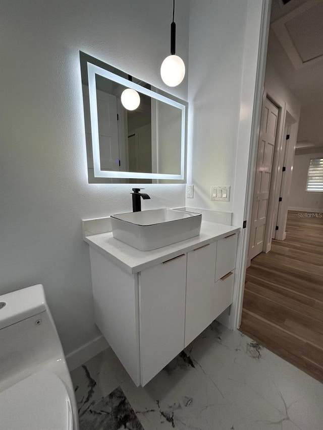 bathroom featuring toilet, vanity, and wood-type flooring