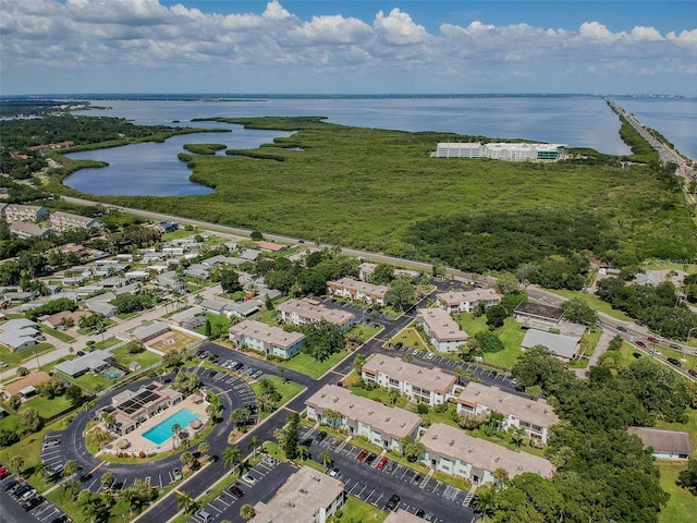 bird's eye view with a water view