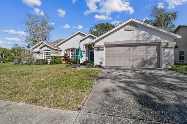 ranch-style house with a front lawn and a garage