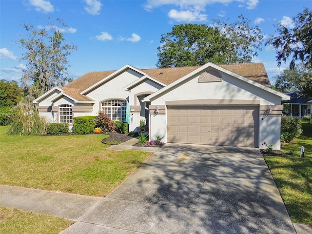 single story home with a front lawn and a garage