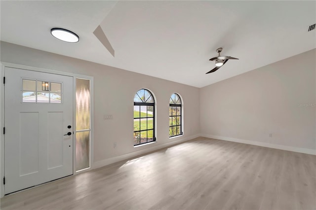 foyer featuring ceiling fan and light hardwood / wood-style flooring