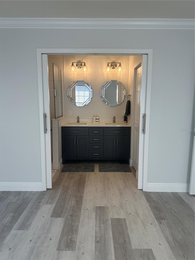 bathroom with vanity, crown molding, and hardwood / wood-style flooring