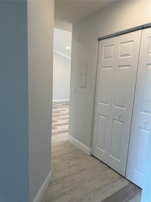 corridor with electric panel, crown molding, and light hardwood / wood-style floors