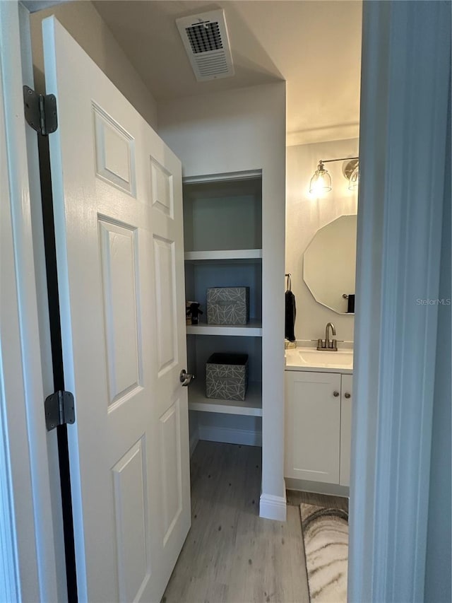 bathroom featuring vanity and hardwood / wood-style floors