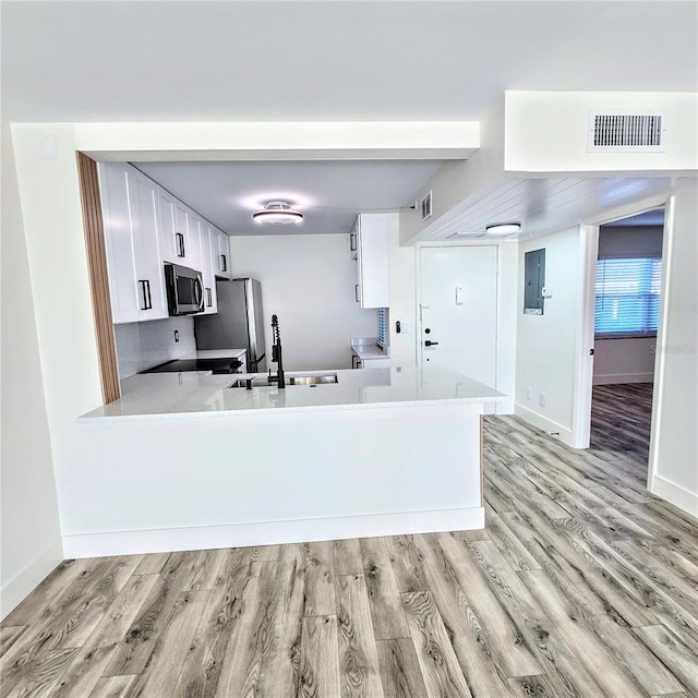 kitchen featuring kitchen peninsula, white cabinets, sink, light hardwood / wood-style floors, and stainless steel appliances