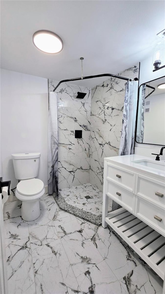 bathroom featuring tile walls, vanity, a shower with curtain, and toilet