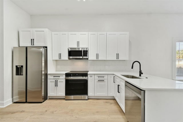 kitchen with kitchen peninsula, white cabinets, light hardwood / wood-style flooring, sink, and stainless steel appliances