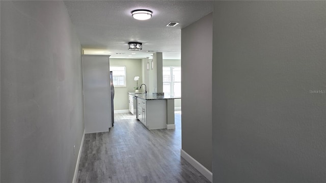 hallway featuring sink, a textured ceiling, and light hardwood / wood-style floors