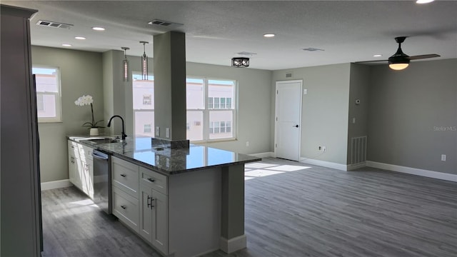 kitchen featuring sink, a textured ceiling, dark hardwood / wood-style flooring, white cabinetry, and stainless steel dishwasher