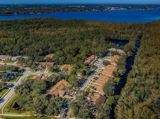 drone / aerial view featuring a water view and a forest view
