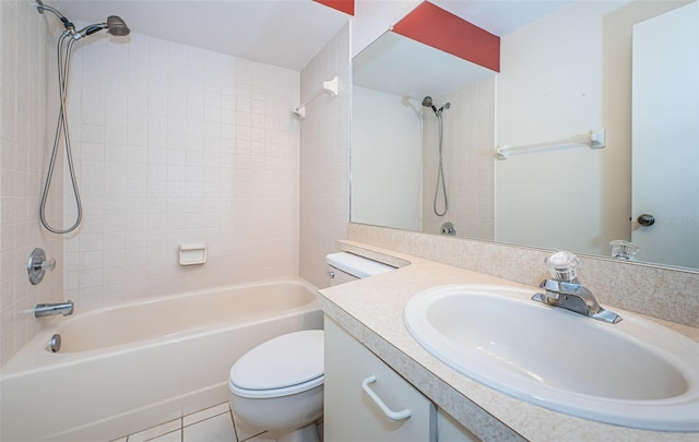 full bathroom with toilet, tiled shower / bath combo, vanity, and tile patterned floors