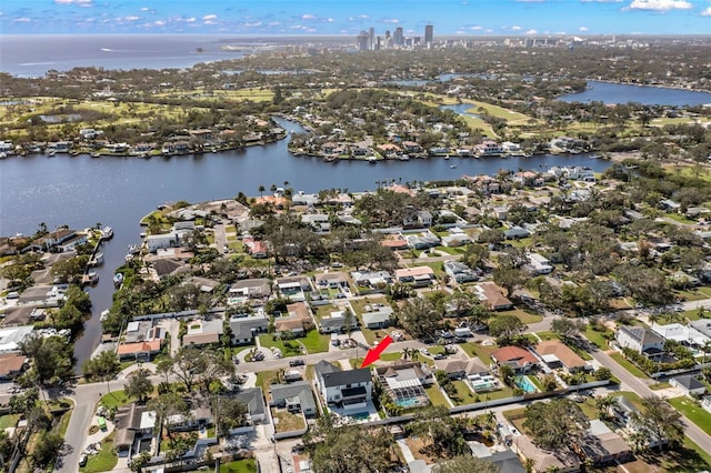 drone / aerial view featuring a water view