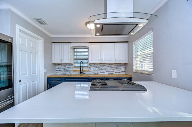 kitchen with stainless steel appliances, white cabinets, sink, ornamental molding, and backsplash