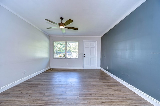 interior space with ceiling fan, light hardwood / wood-style floors, and crown molding