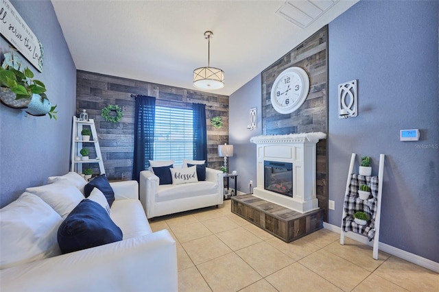 tiled living room with wooden walls and vaulted ceiling