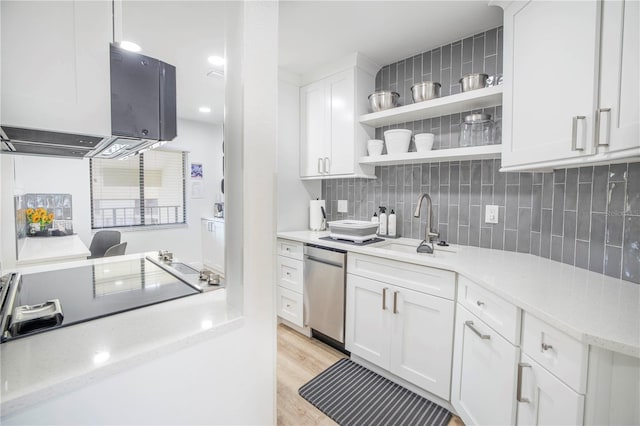 1515 Pinellas Bayway S Unit B28, Tierra Verde, FL 33715 - kitchen with stainless steel dishwasher, a sink, tasteful backsplash, light wood-style floors, and white cabinetry
