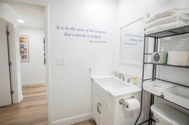 bathroom with vanity, toilet, and hardwood / wood-style floors