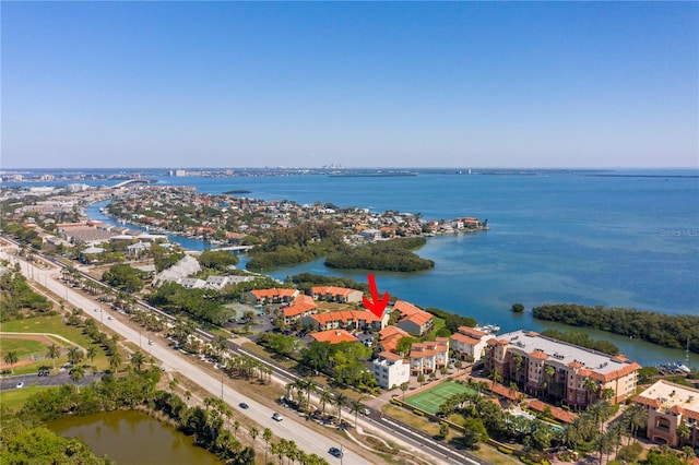 bird's eye view with a water view