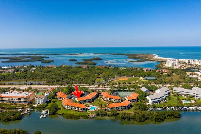 drone / aerial view featuring a water view