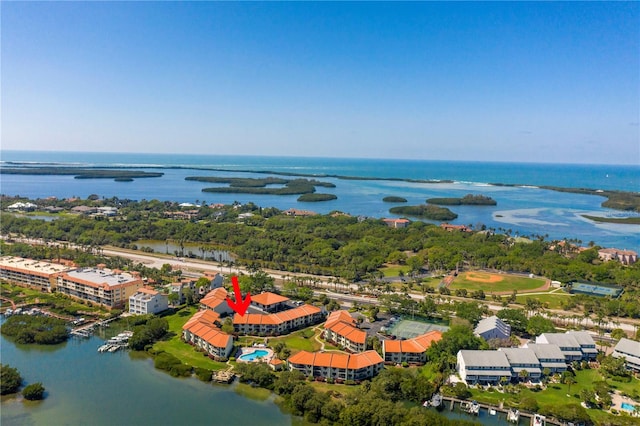 bird's eye view with a water view