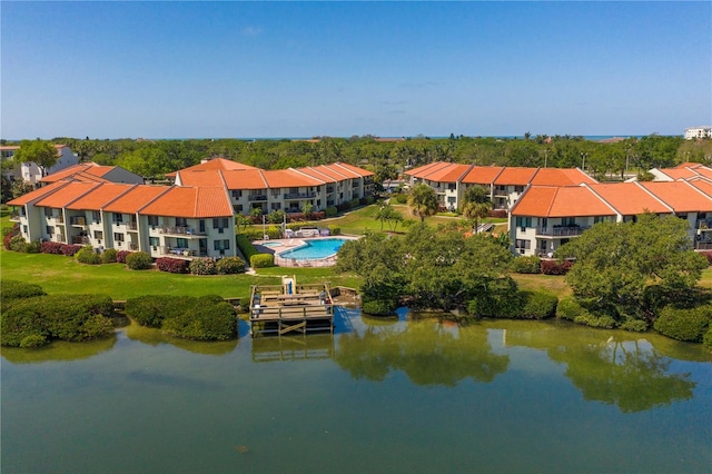 drone / aerial view featuring a water view