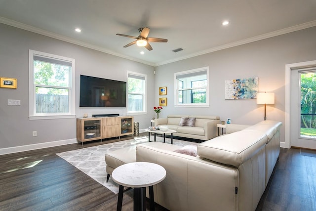 living room with ornamental molding, dark hardwood / wood-style floors, and plenty of natural light