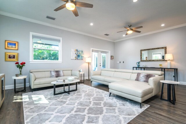 living room with dark hardwood / wood-style floors, a healthy amount of sunlight, and ceiling fan