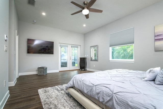 bedroom featuring french doors, access to exterior, dark wood-type flooring, and ceiling fan