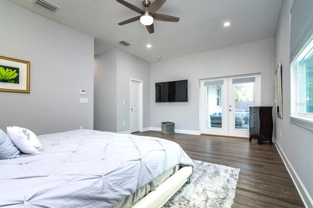 bedroom featuring dark hardwood / wood-style flooring, french doors, access to outside, and ceiling fan