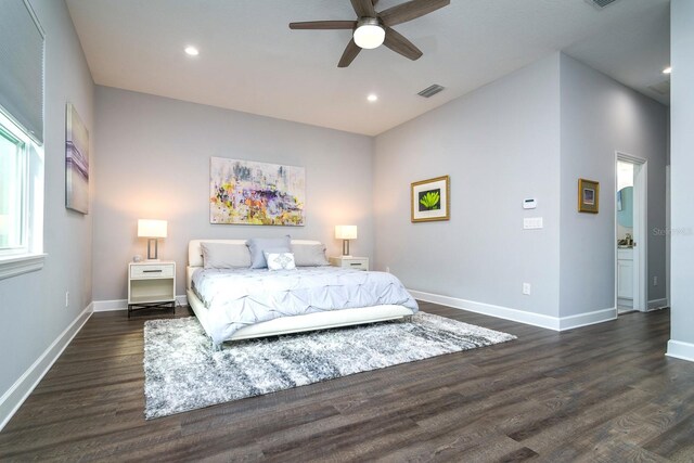 bedroom featuring dark wood-type flooring and ceiling fan