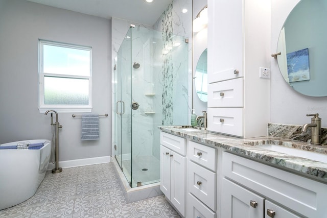 bathroom featuring vanity and plus walk in shower