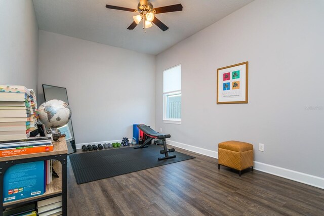 workout room featuring dark hardwood / wood-style floors and ceiling fan