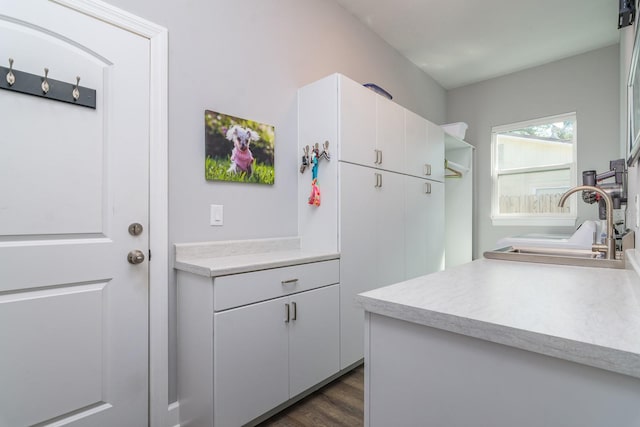 kitchen with sink, white cabinetry, and dark hardwood / wood-style flooring