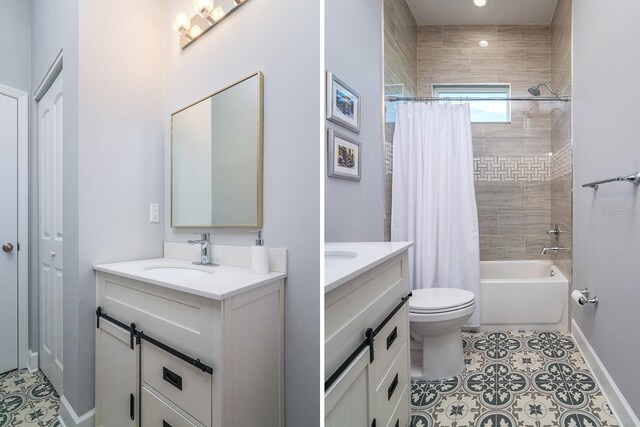 full bathroom featuring vanity, toilet, tile patterned floors, and shower / tub combo