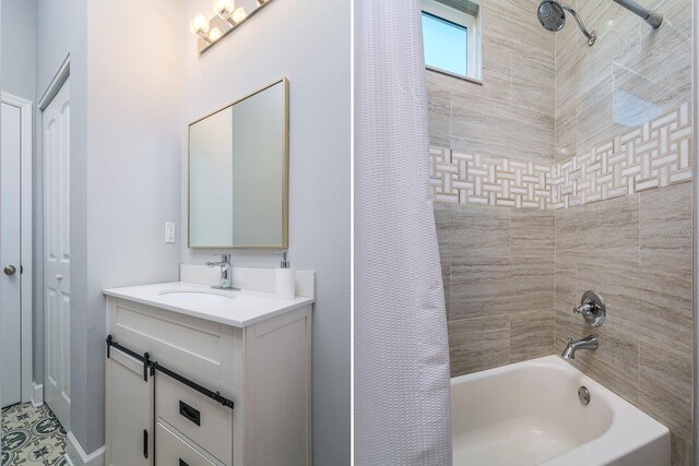 bathroom featuring vanity and shower / tub combo with curtain