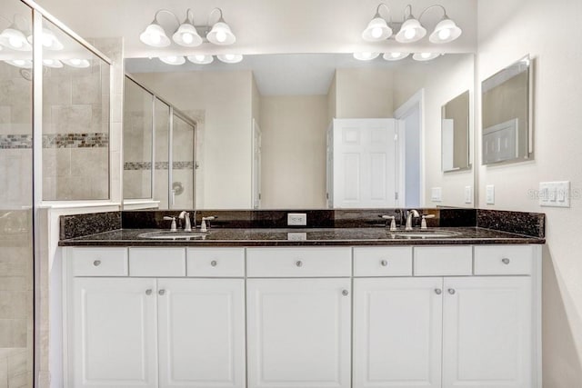 bathroom with a shower with door and vanity