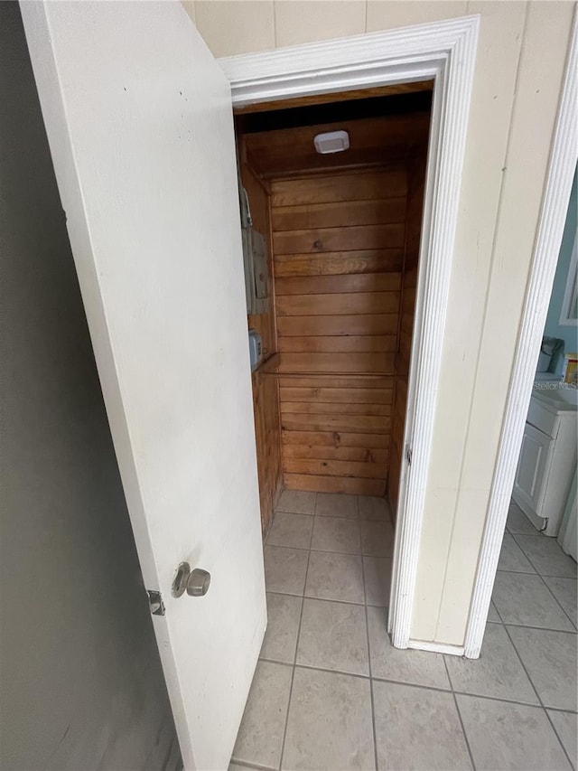 view of sauna / steam room with tile patterned floors