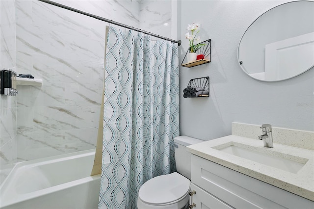 full bathroom with vanity, toilet, and shower / bath combo with shower curtain