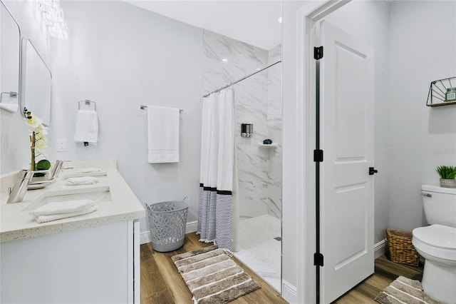 bathroom with a shower with curtain, toilet, wood-type flooring, and vanity