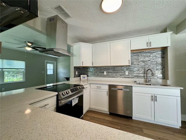 kitchen with wall chimney range hood, white cabinets, stainless steel appliances, and sink