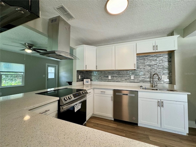 kitchen with white cabinets, dark wood-type flooring, sink, wall chimney exhaust hood, and stainless steel appliances