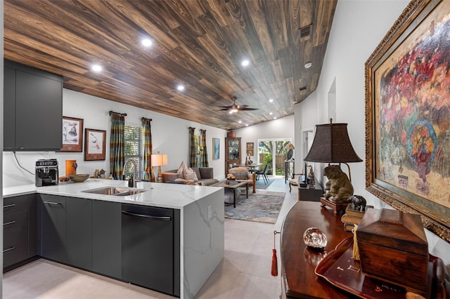 kitchen with sink, dishwasher, kitchen peninsula, wooden ceiling, and lofted ceiling