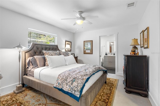 bedroom with connected bathroom and ceiling fan