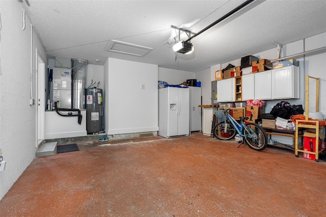 garage featuring white fridge with ice dispenser, a garage door opener, electric water heater, and heating unit